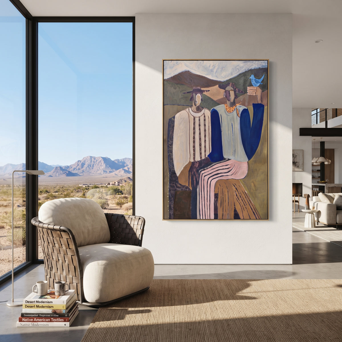 Blue Bird Joins the Gathering - two seated mountain figures painting, modern figurative vertical textured wall art - displayed beside a living room window