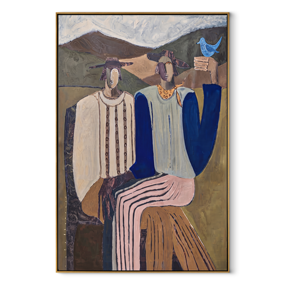 Blue Bird Joins the Gathering - two seated mountain figures painting, modern figurative vertical textured wall art - wood frame on white background