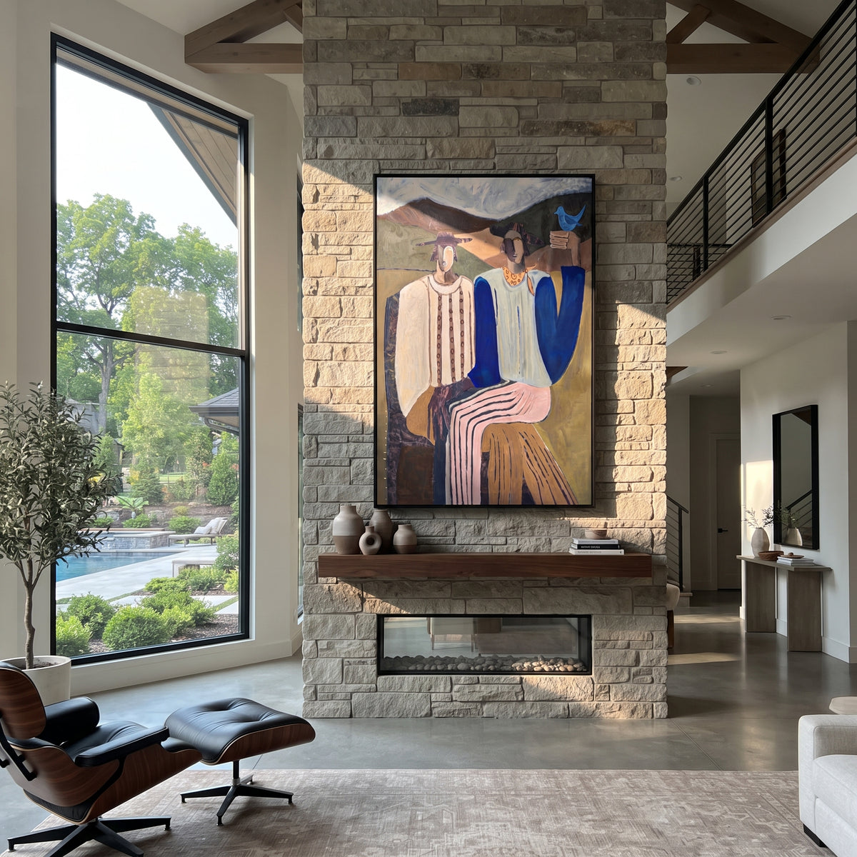 Blue Bird Joins the Gathering - two seated mountain figures painting, modern figurative vertical textured wall art - displayed above a bedroom dresser