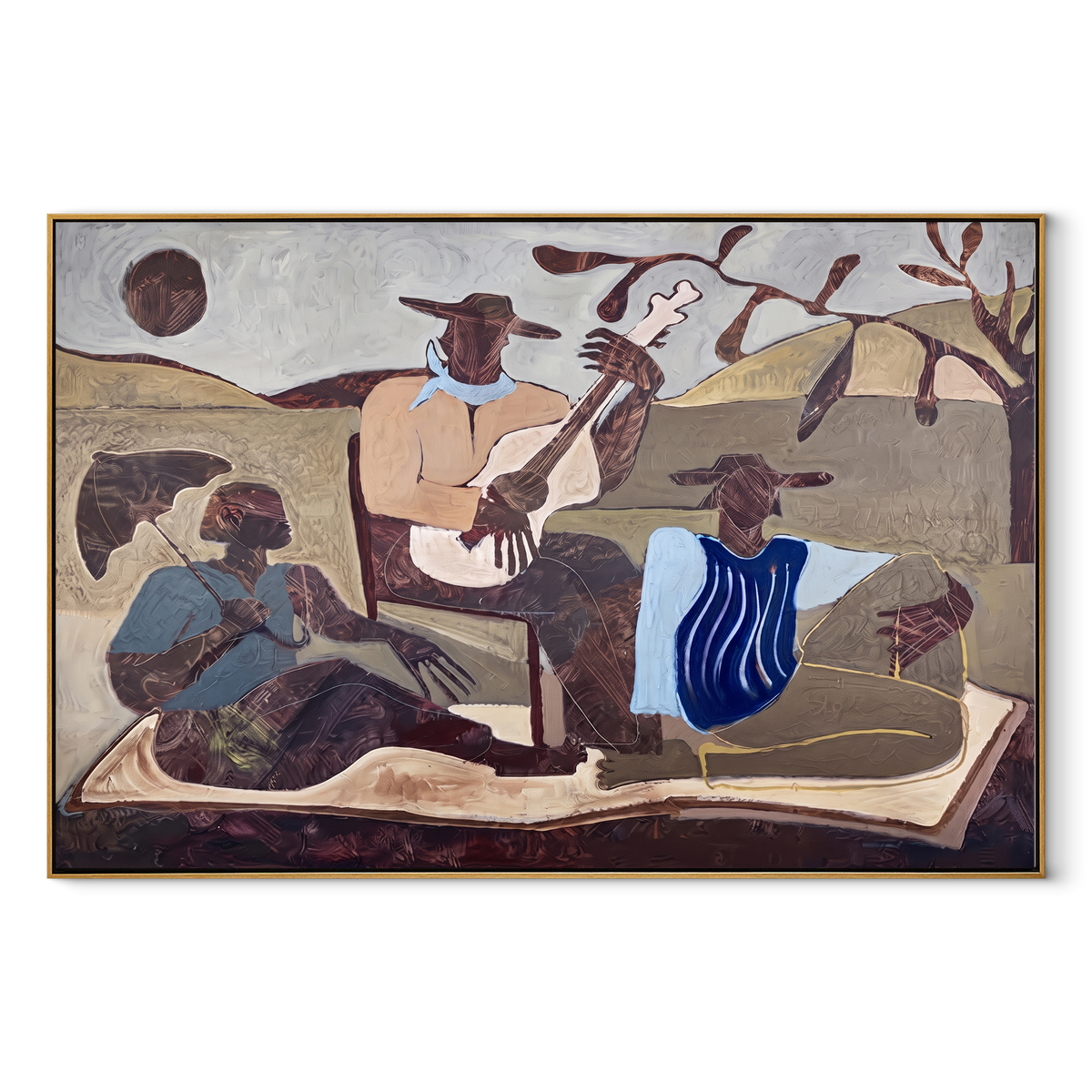 Three Musicians Hold the Plain - western folk band landscape painting, modern figurative horizontal textured wall art - wood frame on white background