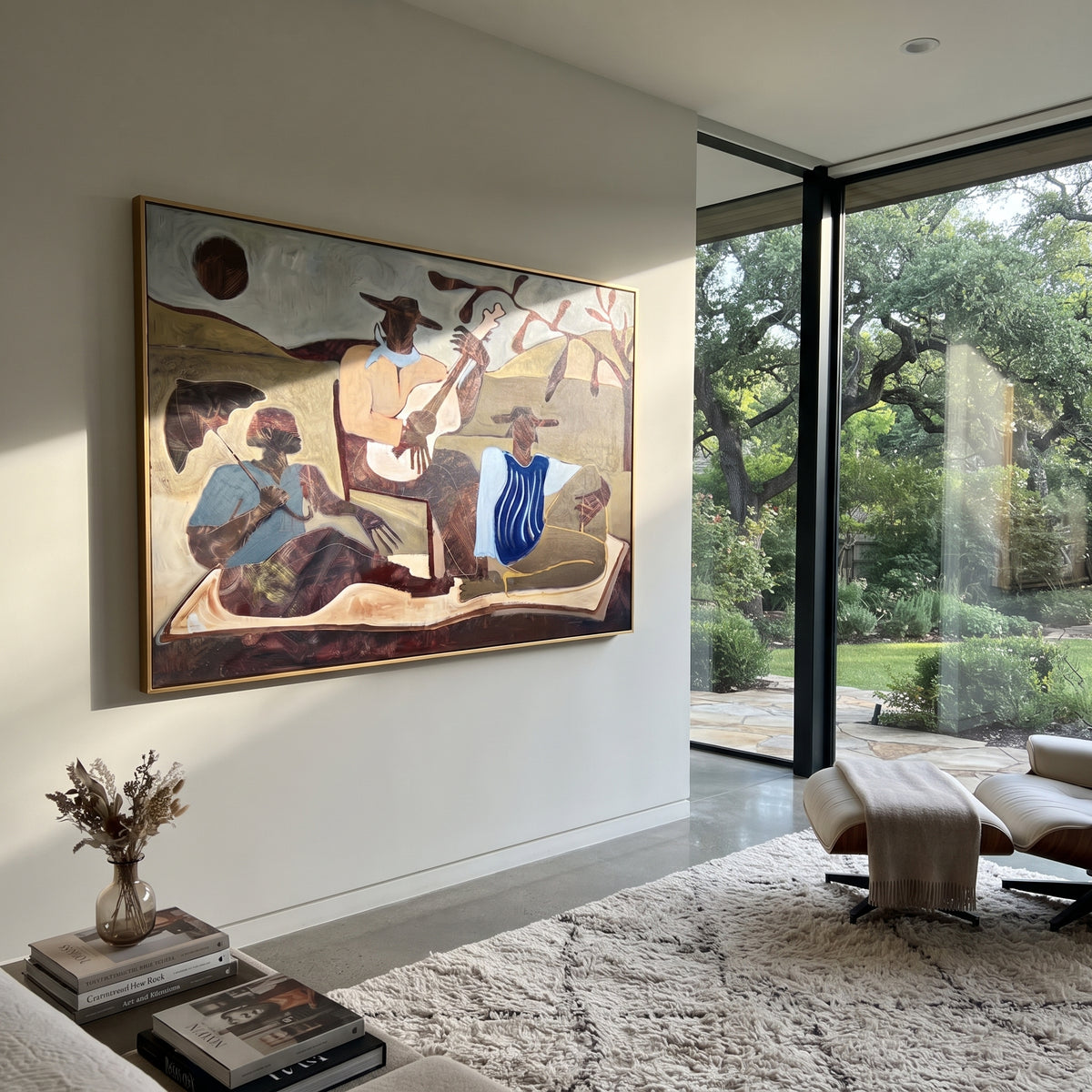 Three Musicians Hold the Plain - western folk band landscape painting, modern figurative horizontal textured wall art - displayed behind a dining table