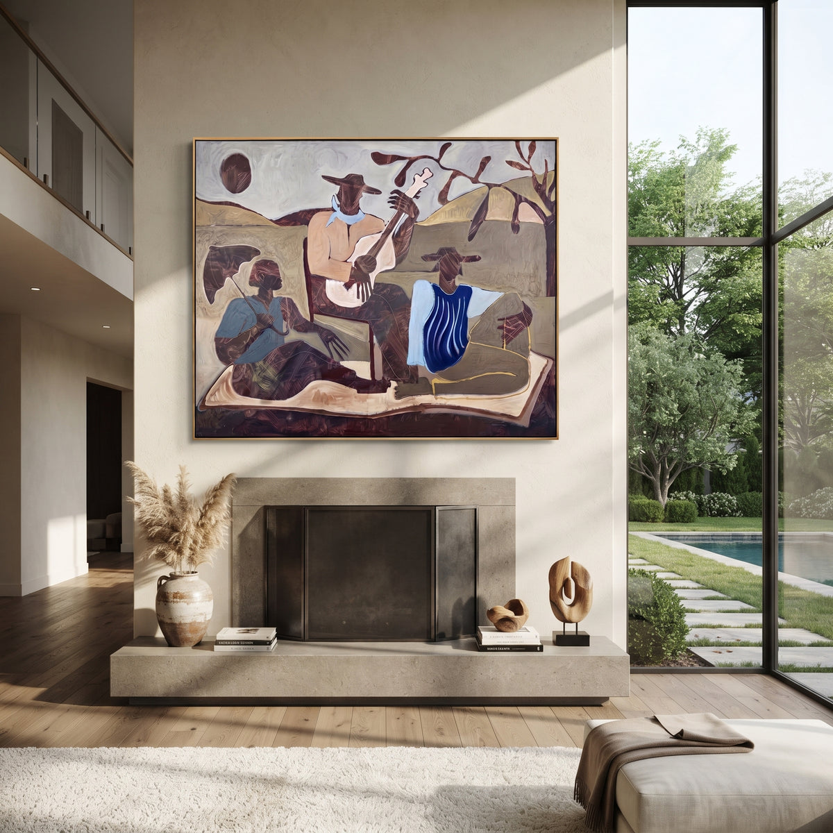 Three Musicians Hold the Plain - western folk band landscape painting, modern figurative horizontal textured wall art - displayed over a walnut sideboard