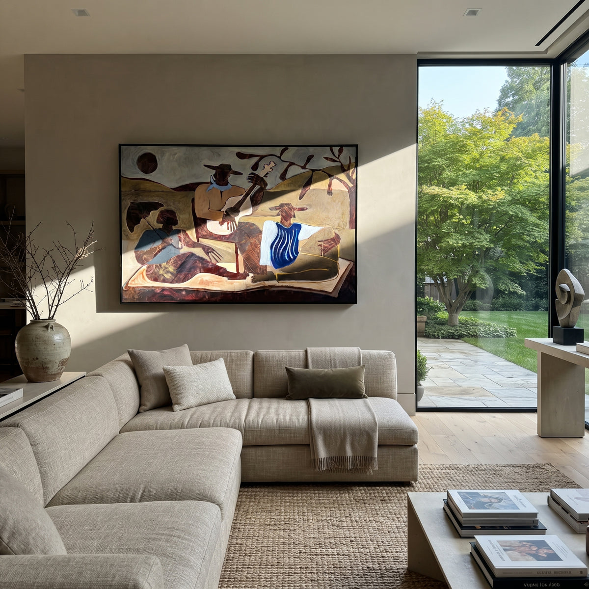 Three Musicians Hold the Plain - western folk band landscape painting, modern figurative horizontal textured wall art - displayed across an open-plan gathering space