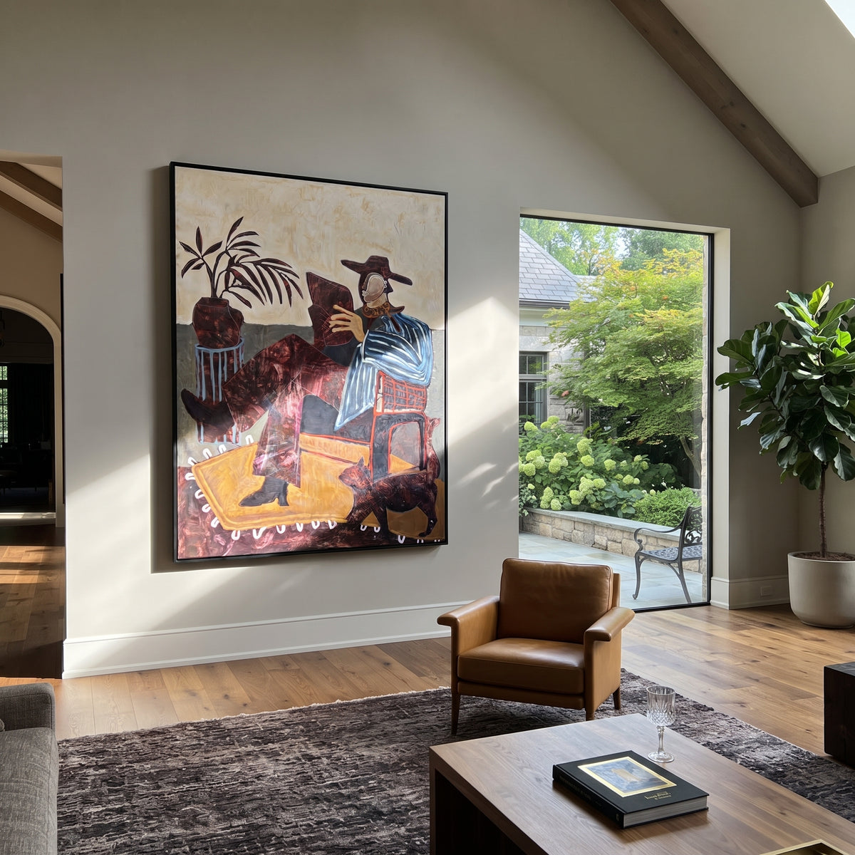 The Reader and the Waiting Dog - seated cowboy reading painting, modern figurative vertical textured wall art - displayed above a bedroom dresser
