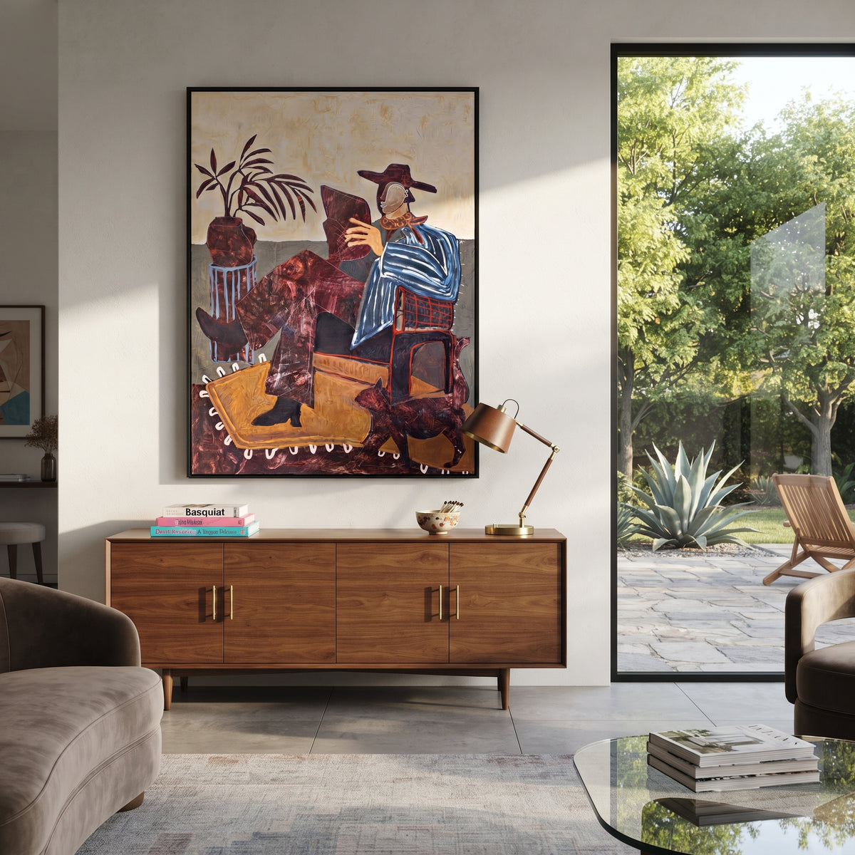 The Reader and the Waiting Dog - seated cowboy reading painting, modern figurative vertical textured wall art - displayed in a thoughtful home office