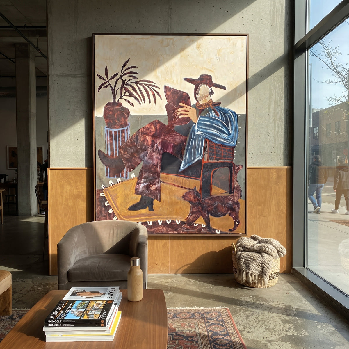 The Reader and the Waiting Dog - seated cowboy reading painting, modern figurative vertical textured wall art - displayed near a quiet reading chair