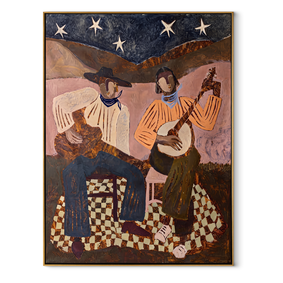 Two Strings Beneath the Stars - guitar and banjo musicians painting, modern figurative vertical textured wall art - wood frame on white background