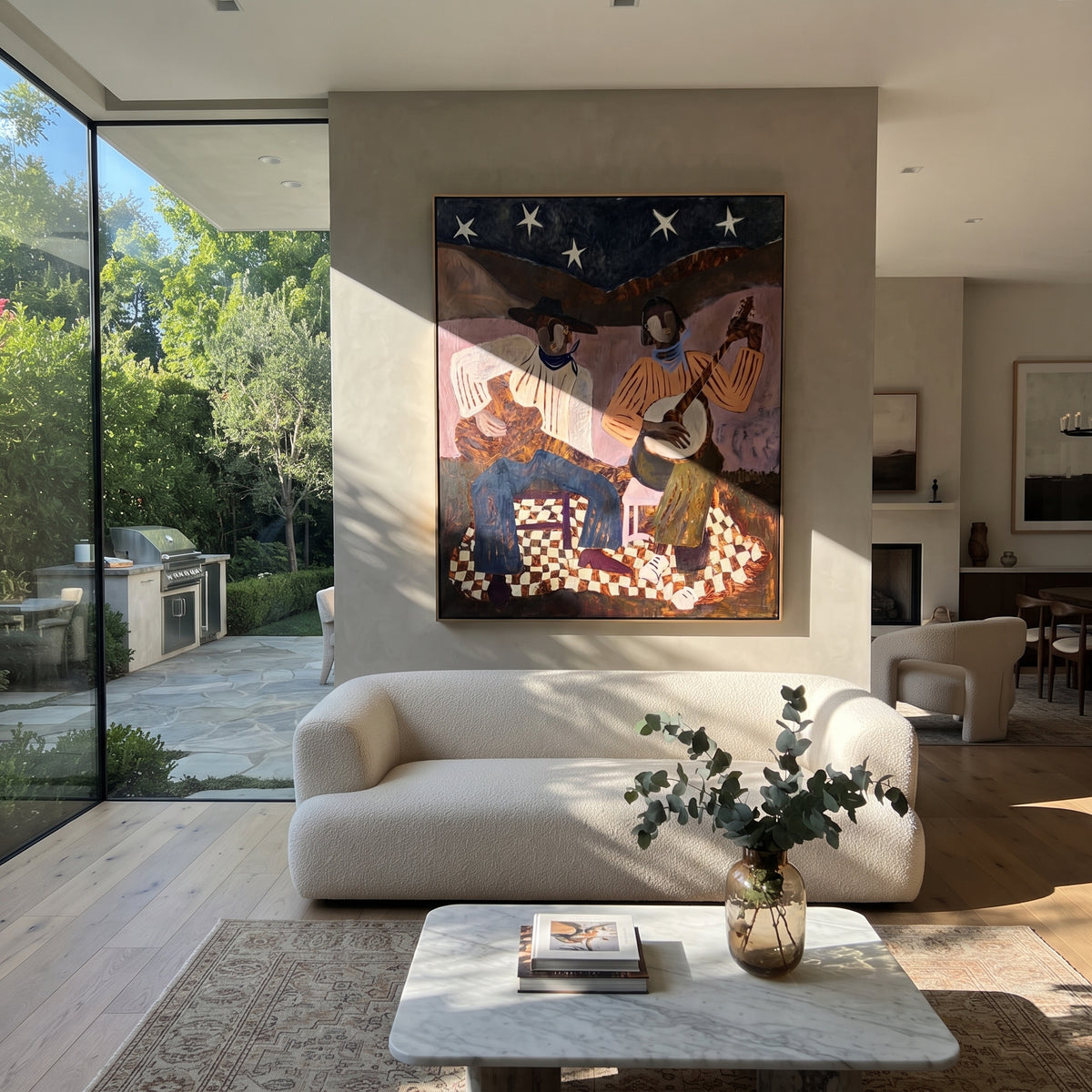 Two Strings Beneath the Stars - guitar and banjo musicians painting, modern figurative vertical textured wall art - displayed beside a dining sideboard