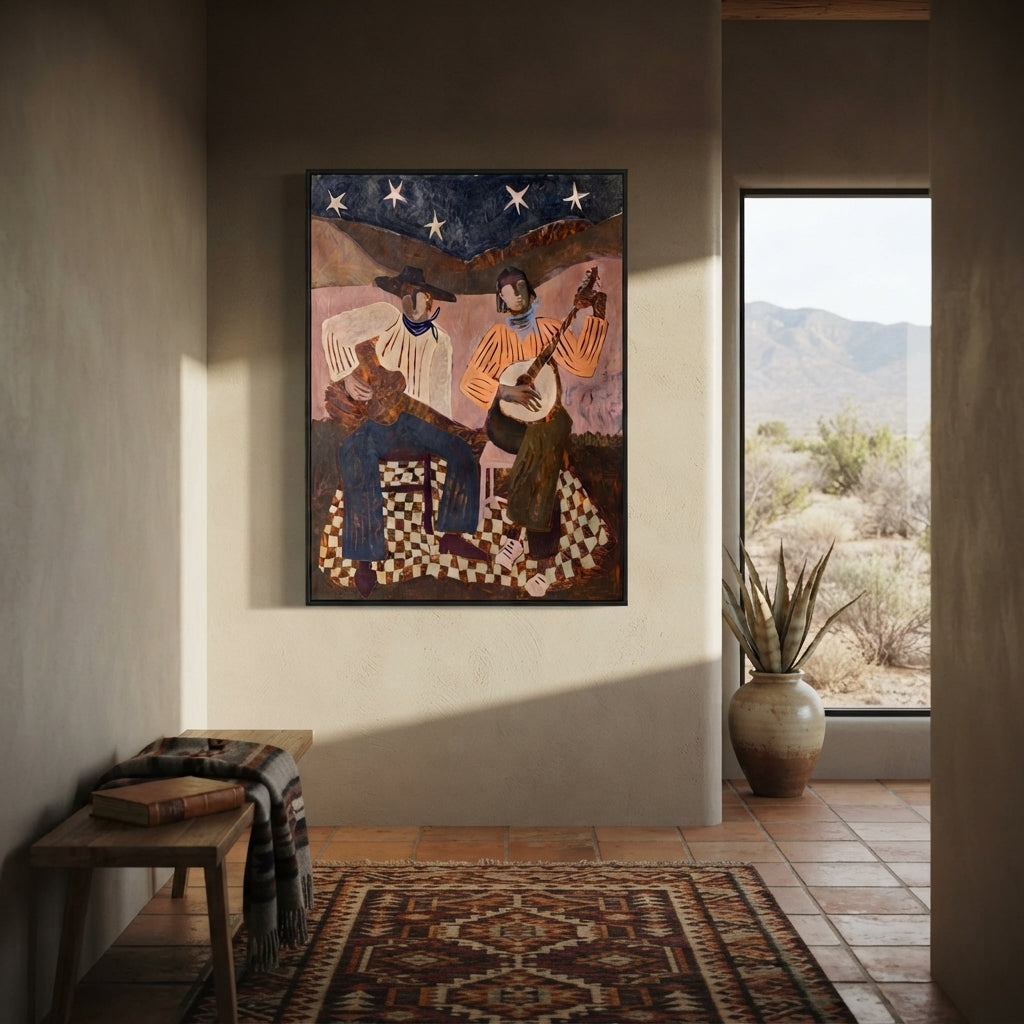 Two Strings Beneath the Stars - guitar and banjo musicians painting, modern figurative vertical textured wall art - displayed along a warm entryway