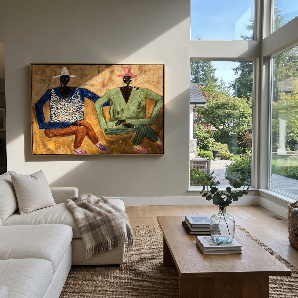 Two Brims Golden Conversation wall art shown above contemporary furnishings
