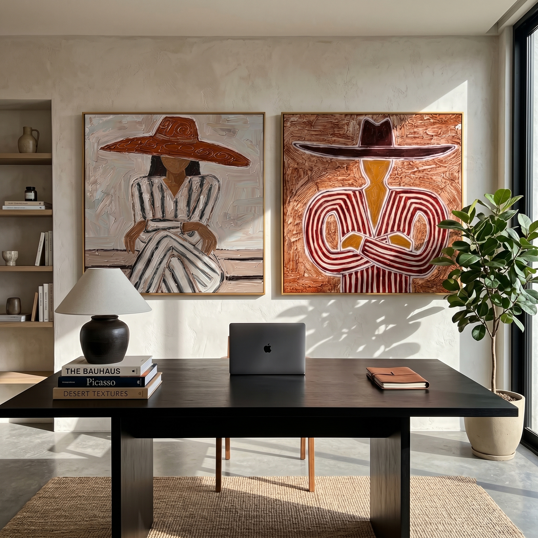 The Sienna Pair – Vintage Americana Diptych Sombrero Portrait Painting | Bold Rustic Living Room Art