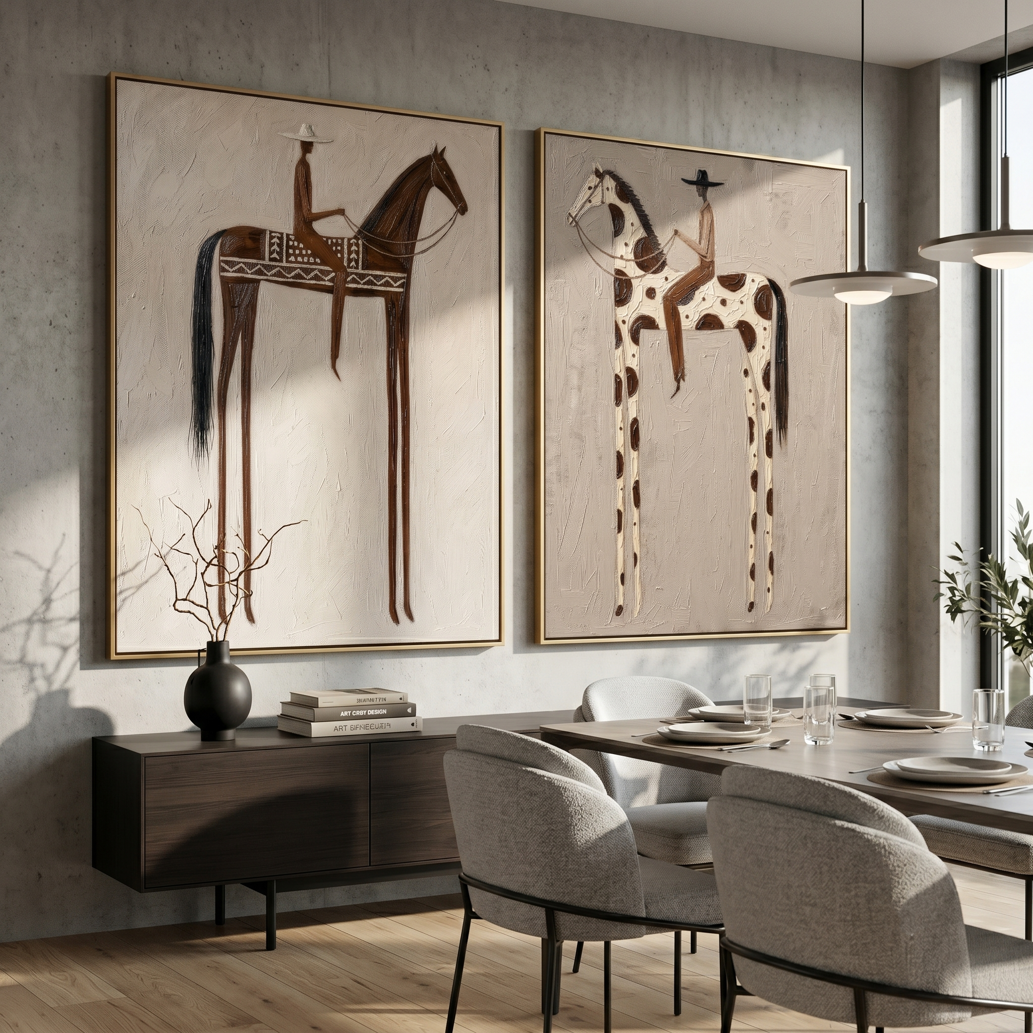 Warm Plain Diptych – Vintage Americana Two Folk Riders Two-Panel Painting | Rustic Modern Living Room Art