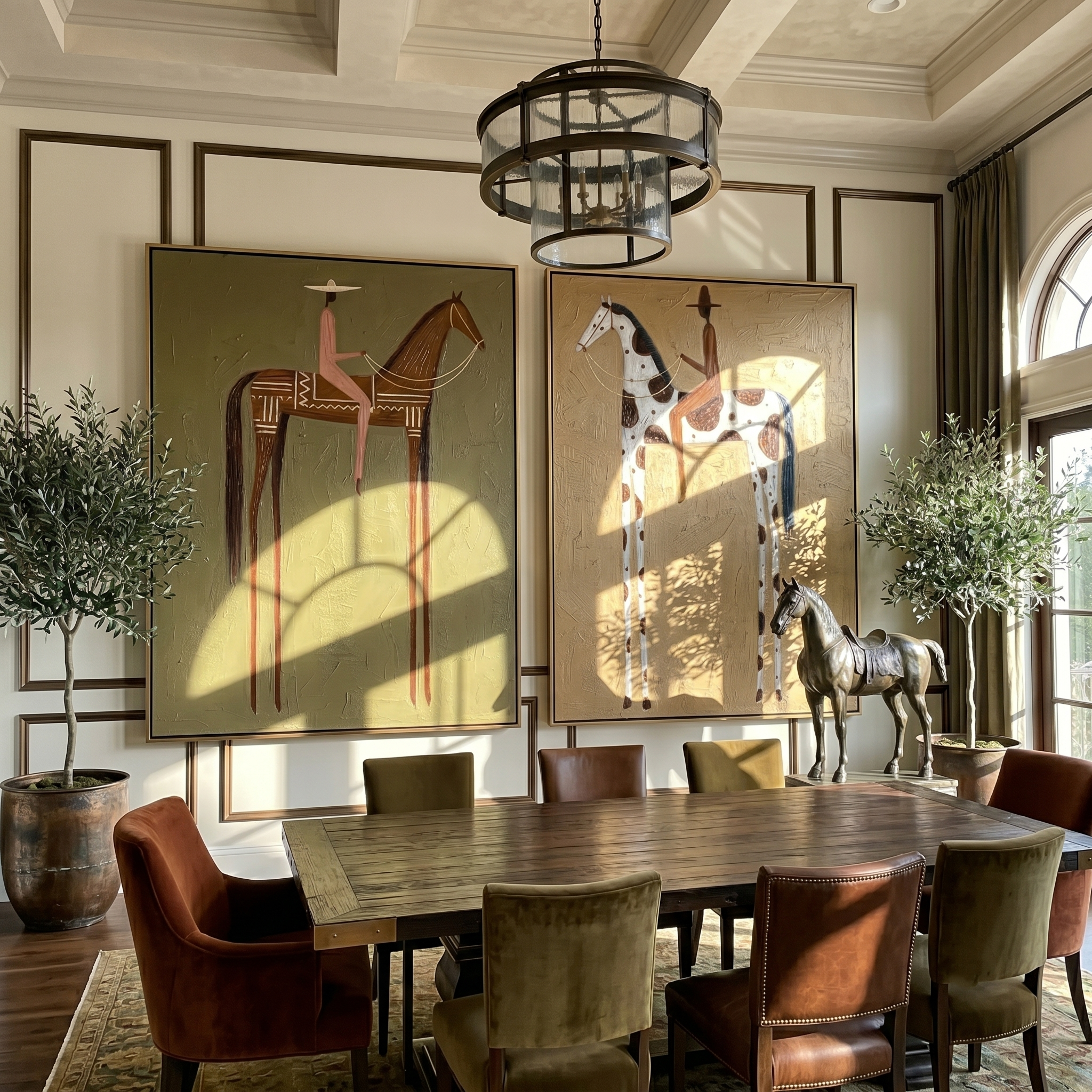 Gold Terrain Diptych – Vintage Americana Two Folk Riders Two-Panel Painting | Farmhouse Living Room Art