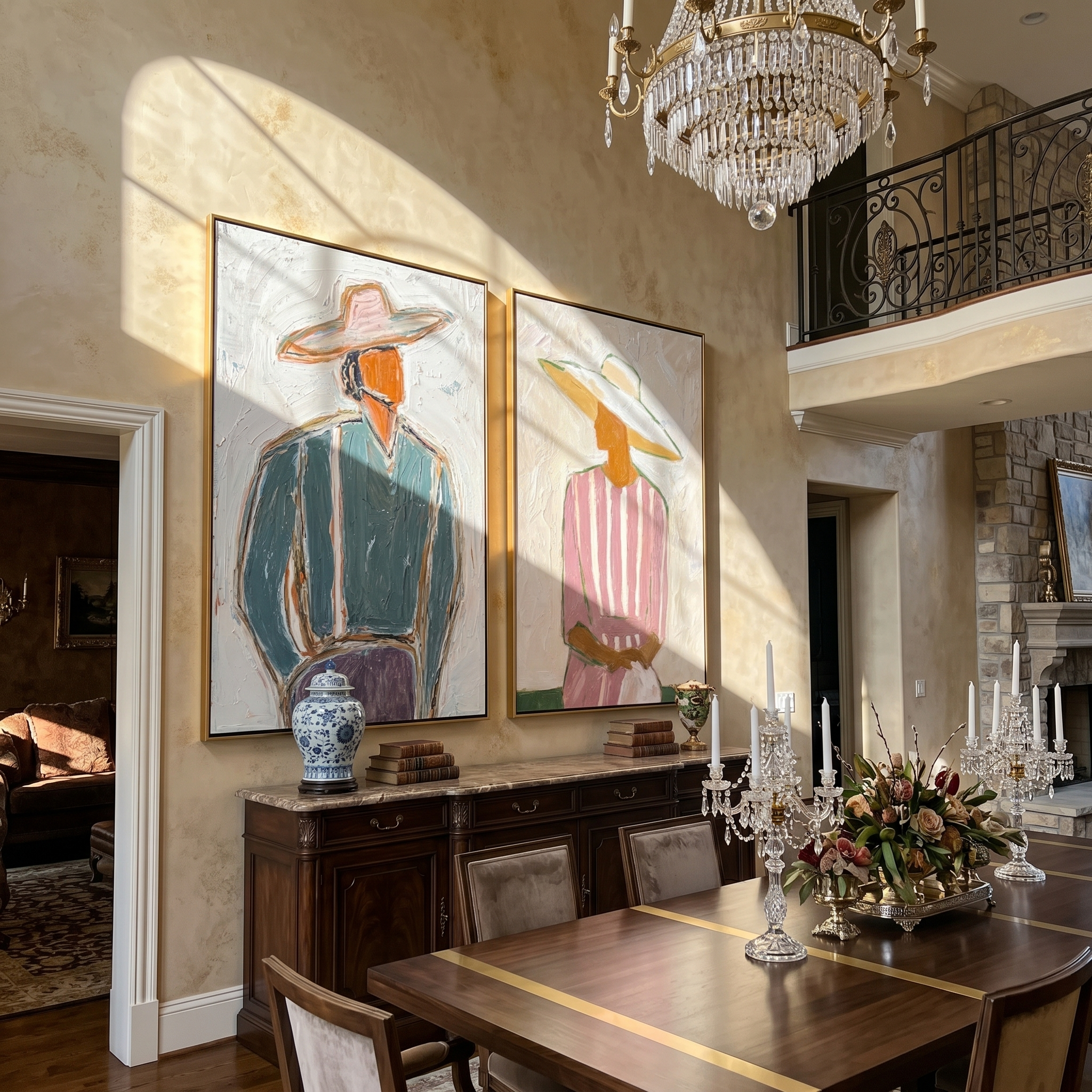 The Garden Party Diptych painting in a living room setting