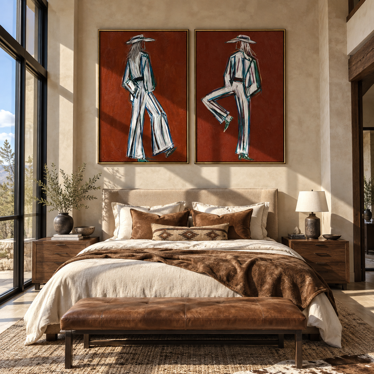 White Suits Cross Terra western figure diptych displayed above a warm neutral bedroom