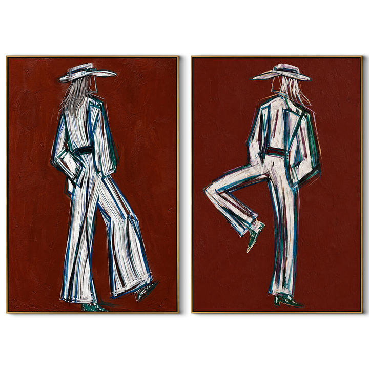 White Suits Cross Terra red and white western fashion figure diptych on a white background