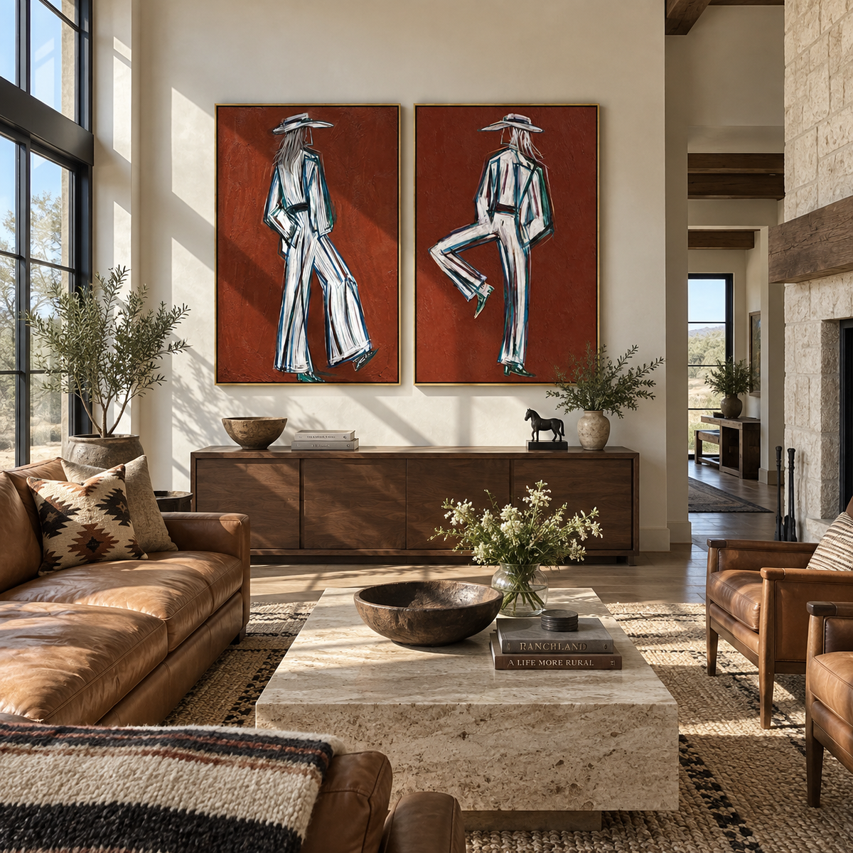 White Suits Cross Terra western figure diptych displayed in a warm leather living room