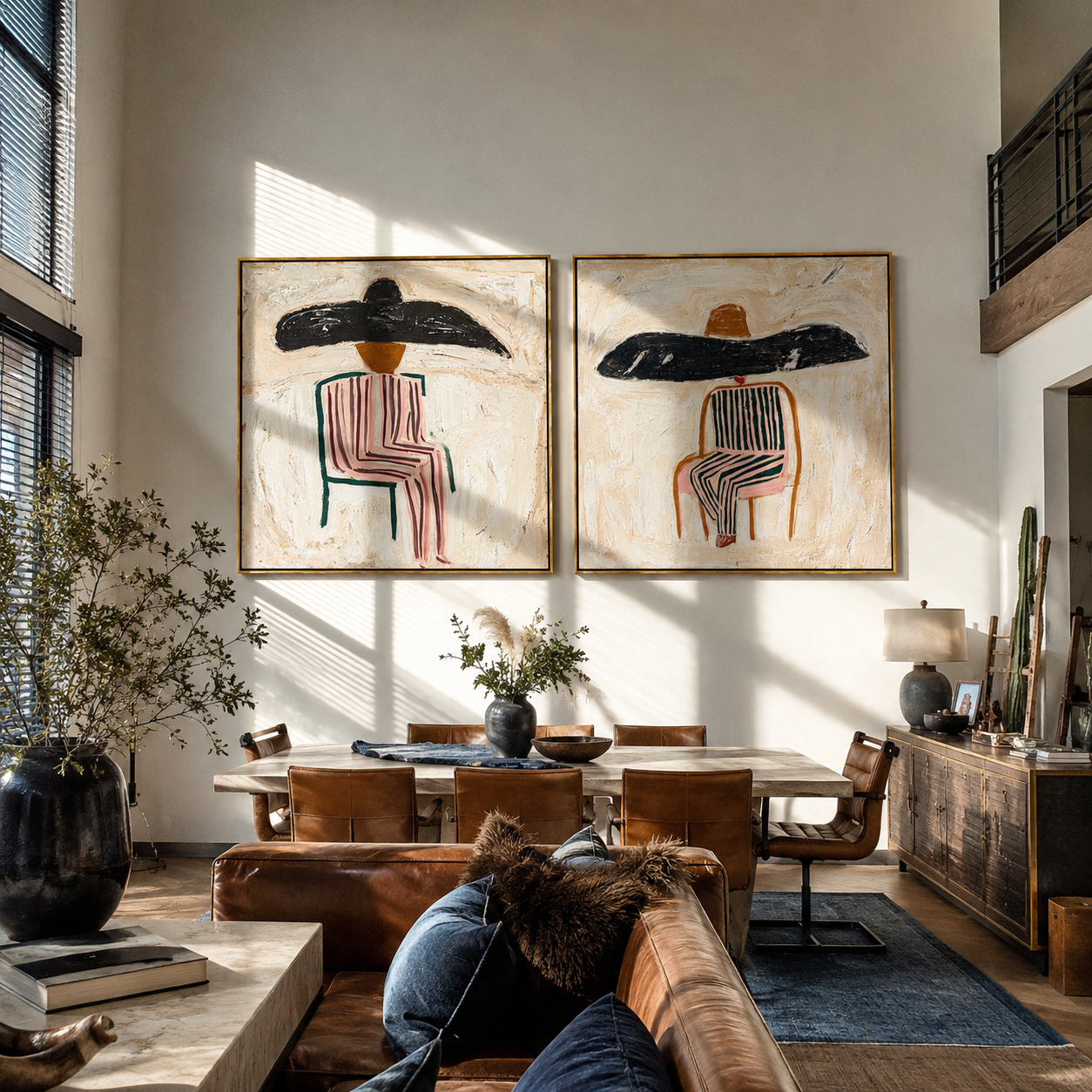 Two Brims Take Rest Western diptych displayed in a contemporary interior