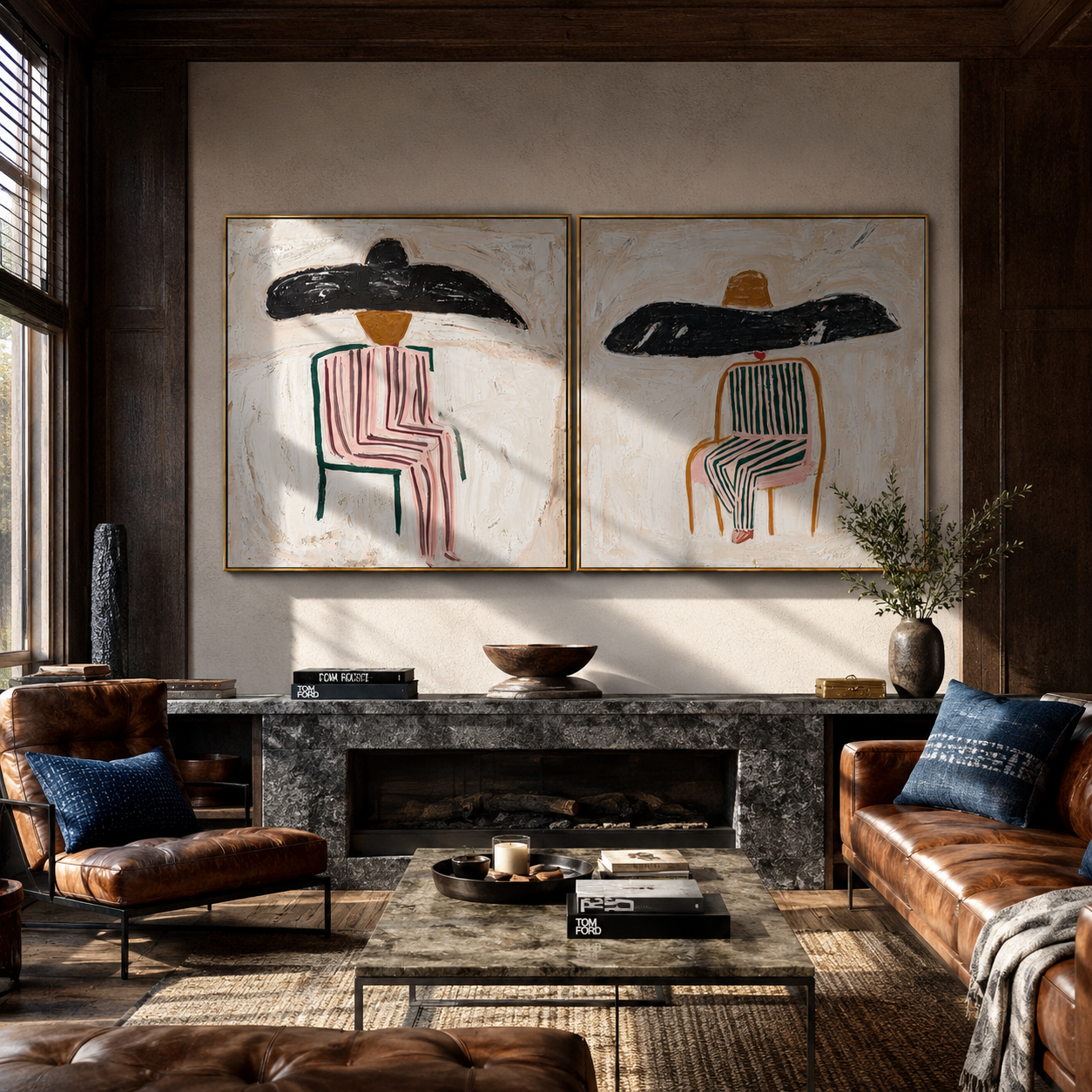 Two Brims Take Rest Vintage Americana diptych in a collected room