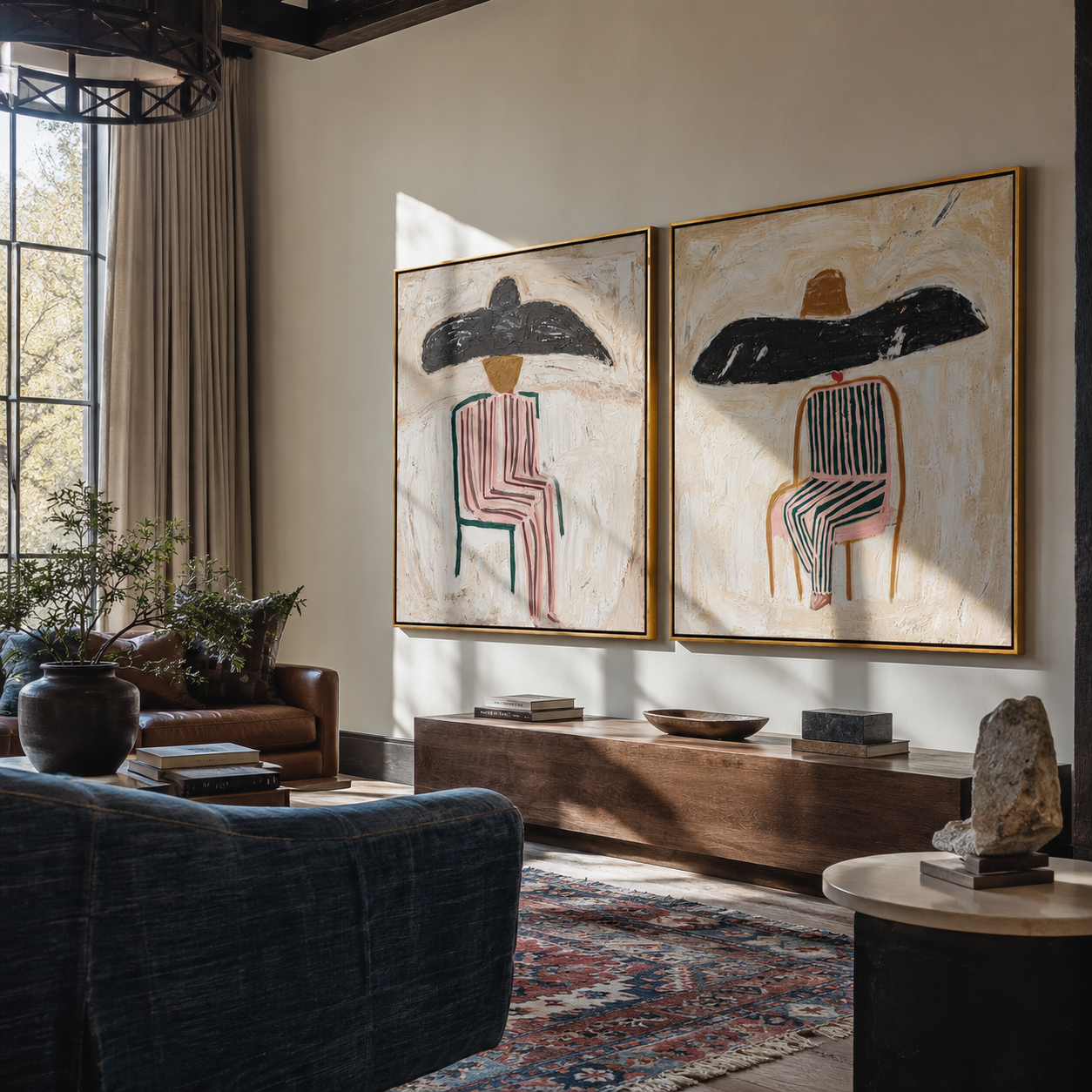 Two Brims Take Rest two-panel Western artwork with layered color