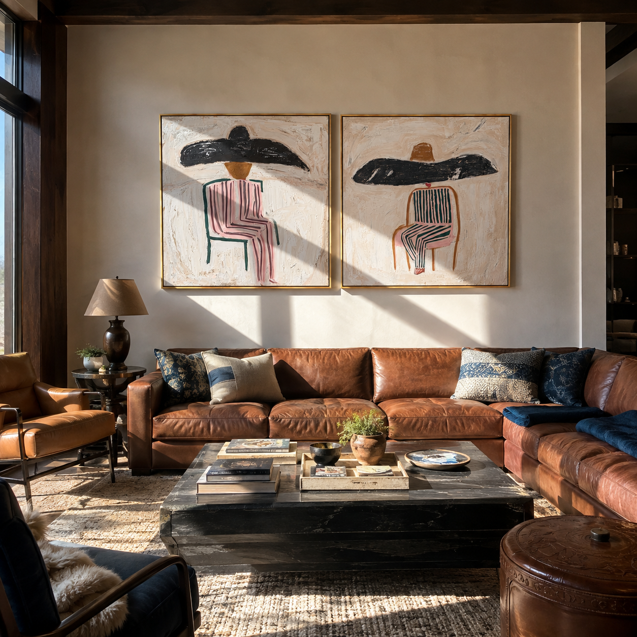 Two Brims Take Rest diptych presented with natural materials and decor