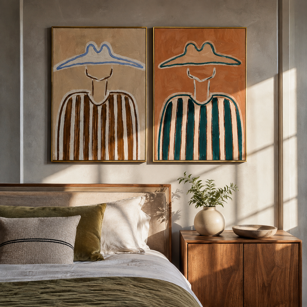 Striped Riders Stand Together paired wall art styled above modern furniture