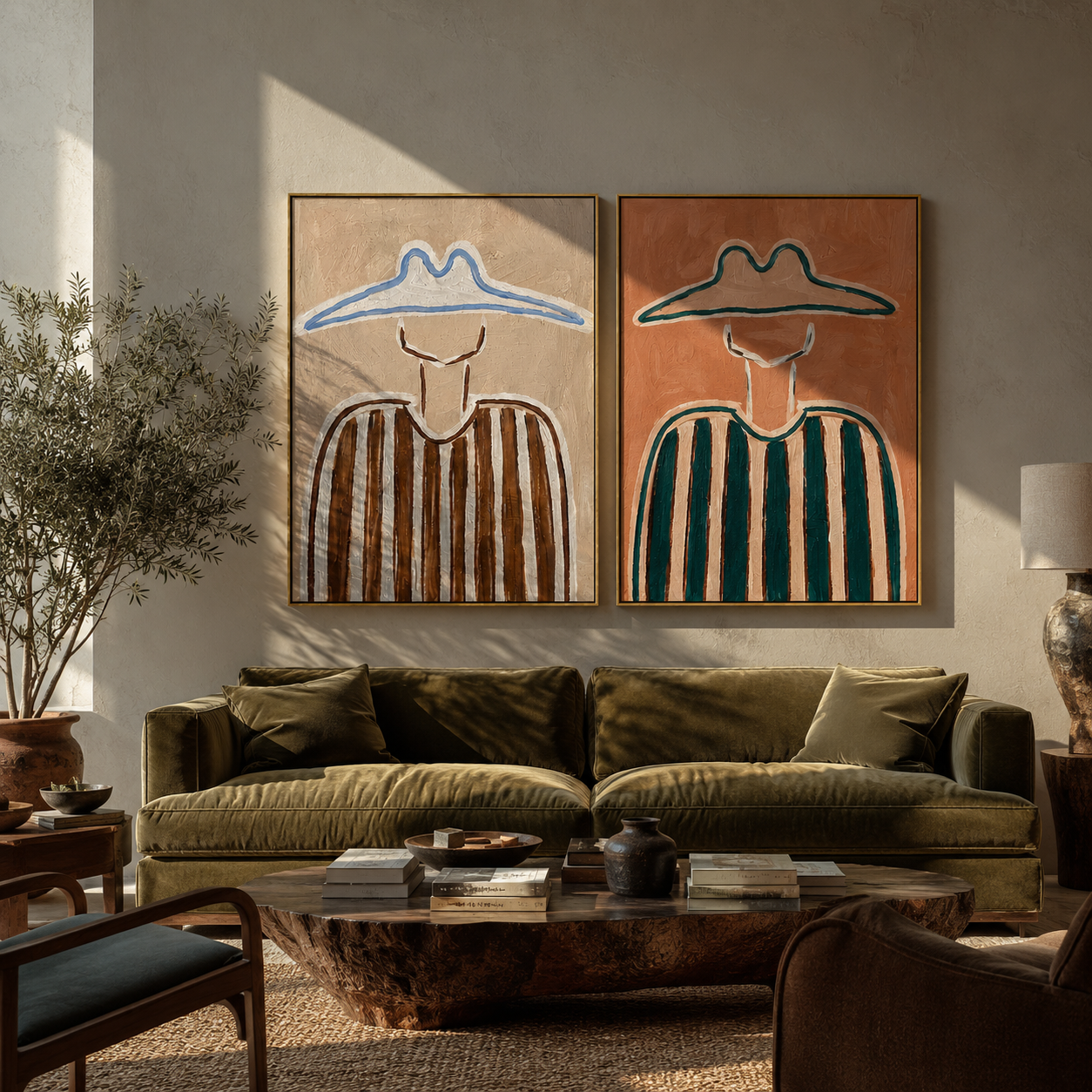 Striped Riders Stand Together diptych presented with natural materials and decor