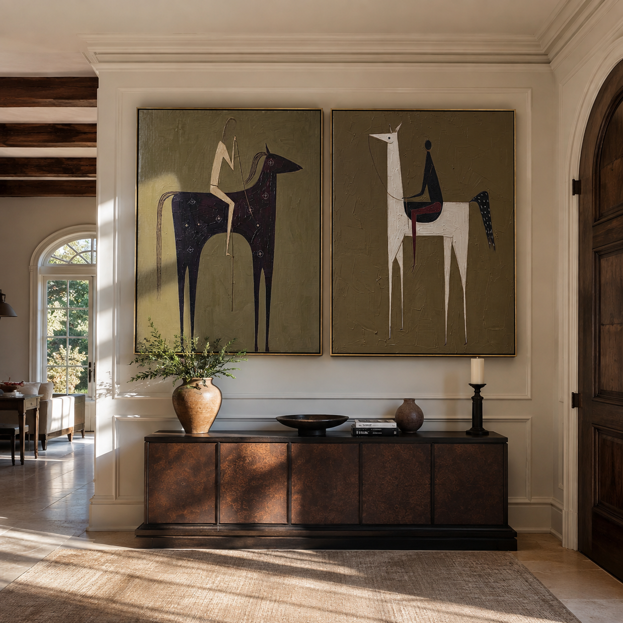 Tall Riders Hold Still Western diptych displayed in a contemporary interior