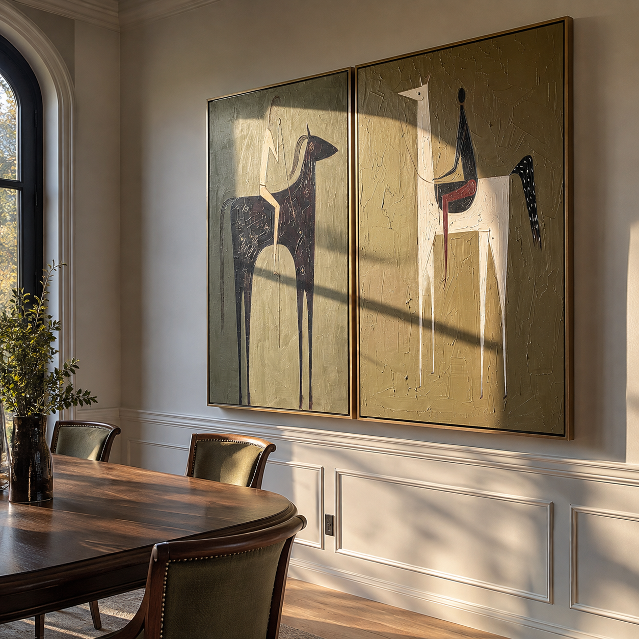 Tall Riders Hold Still paired wall art styled above modern furniture