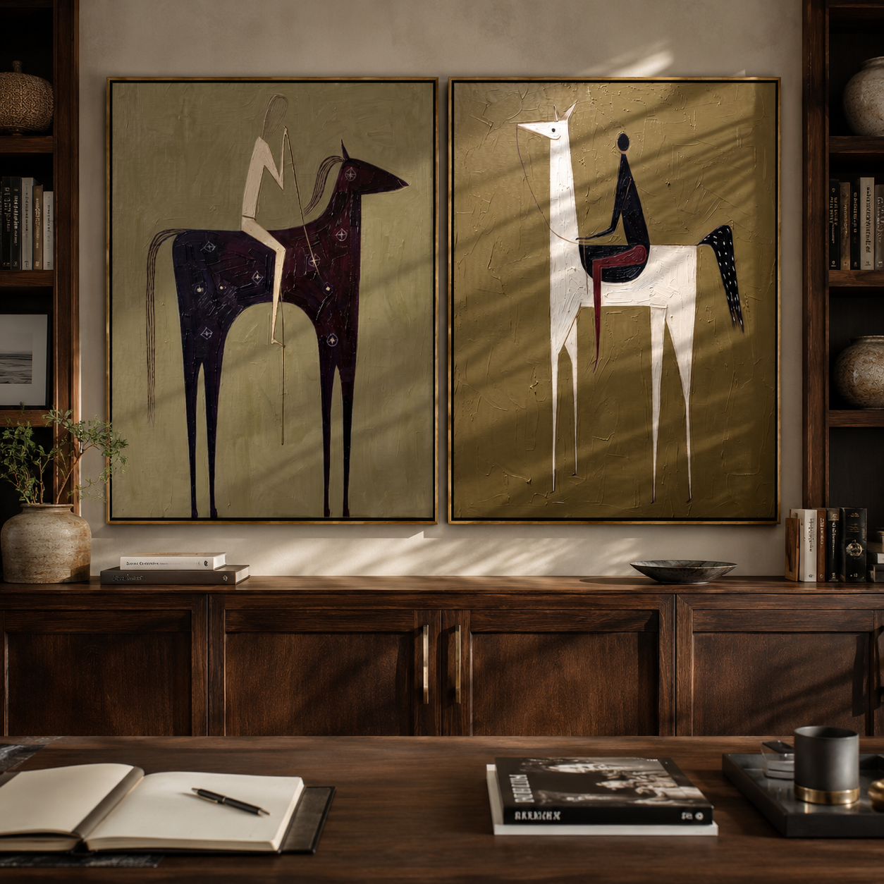 Tall Riders Hold Still two-panel Western artwork with layered color