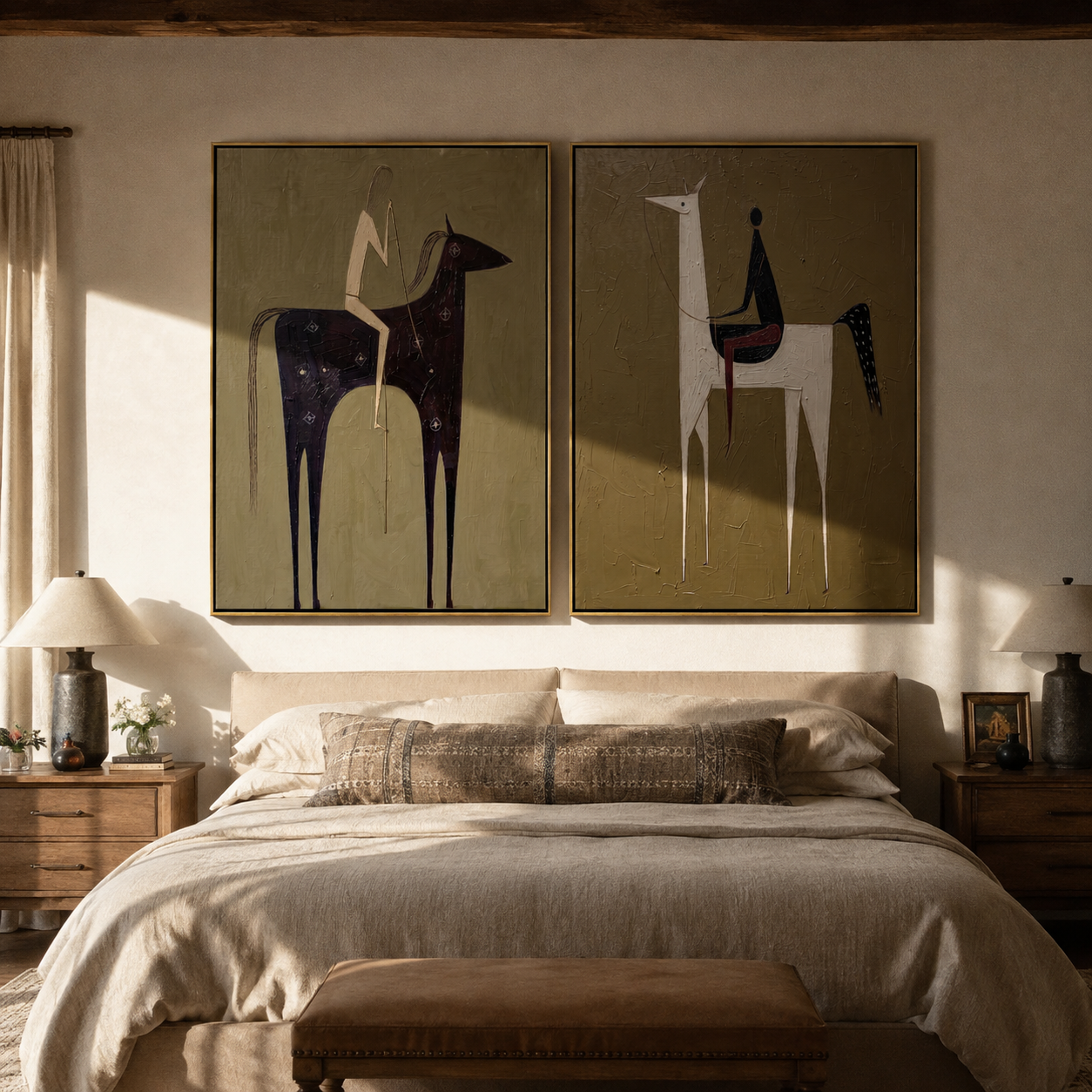 Tall Riders Hold Still diptych presented with natural materials and decor