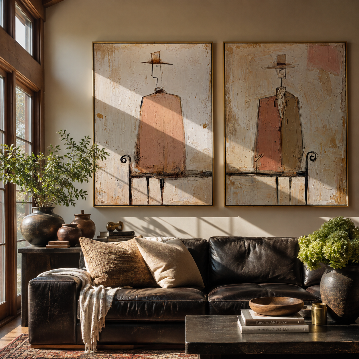 Blush Figures Share Silence paired wall art styled above modern furniture
