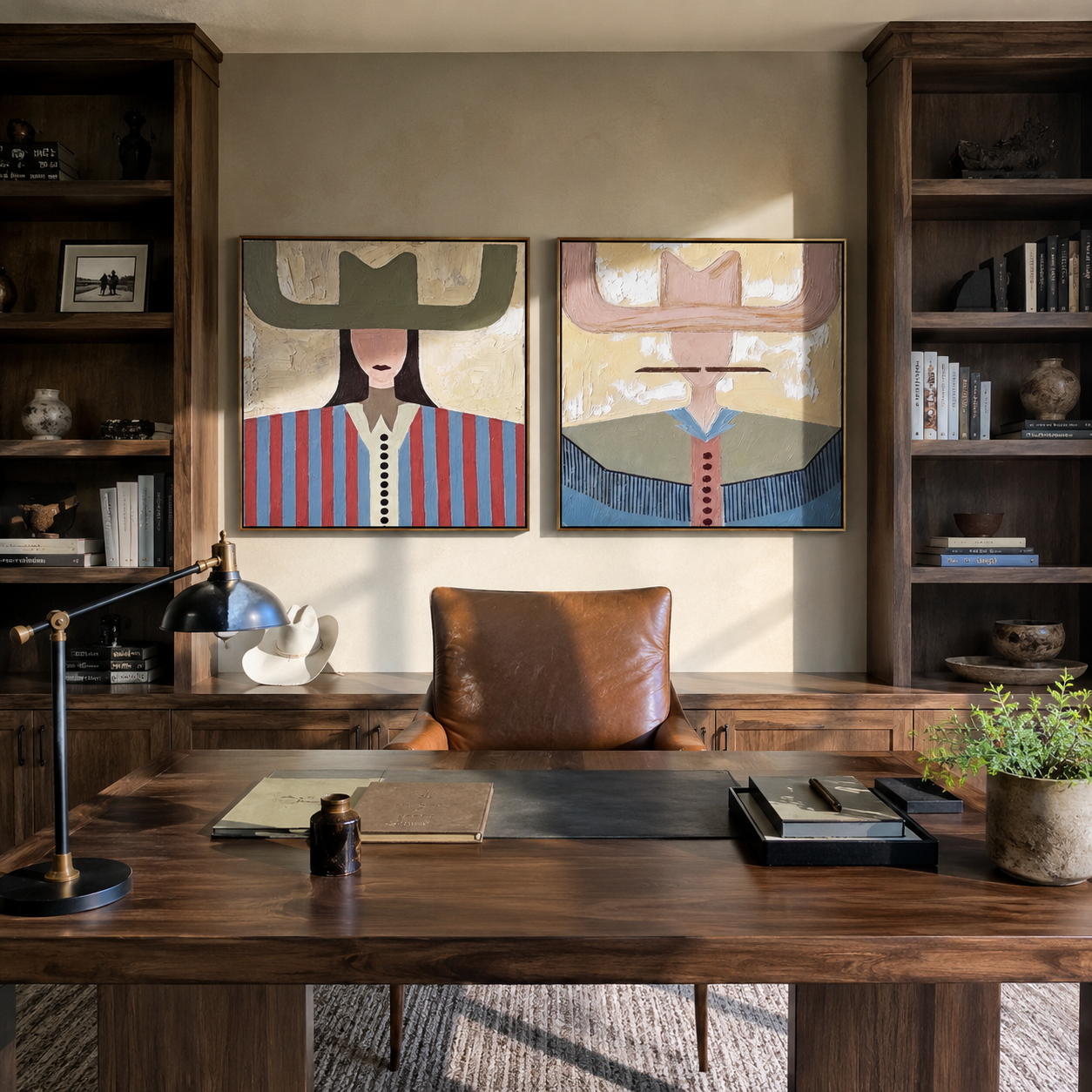 Winged Hats Meet Color paired wall art styled above modern furniture