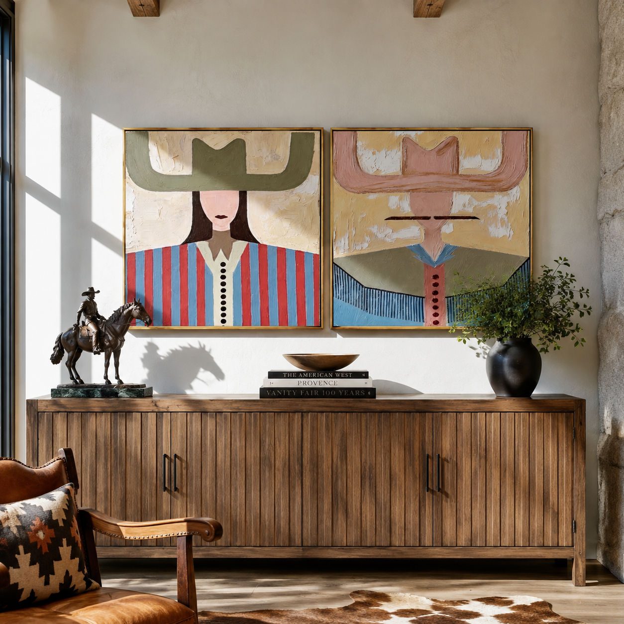 Winged Hats Meet Color two-panel Western artwork with layered color