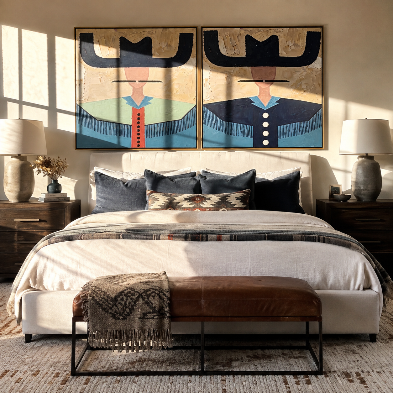 Dark Brims Keep Watch Vintage Americana diptych in a collected room