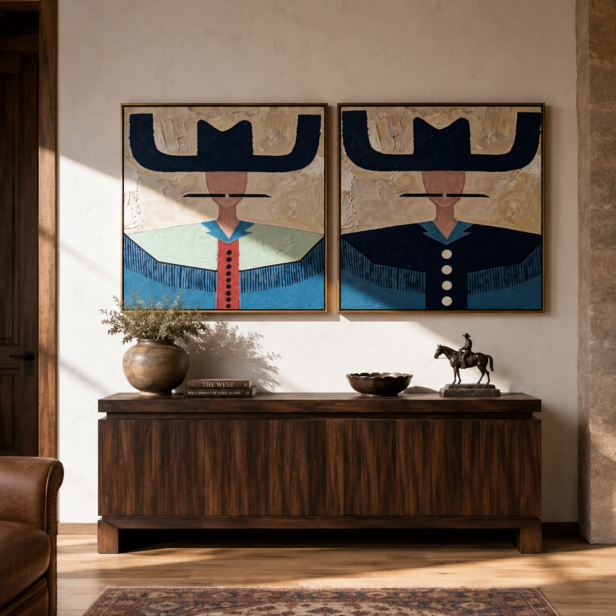 Dark Brims Keep Watch two-panel Western artwork with layered color