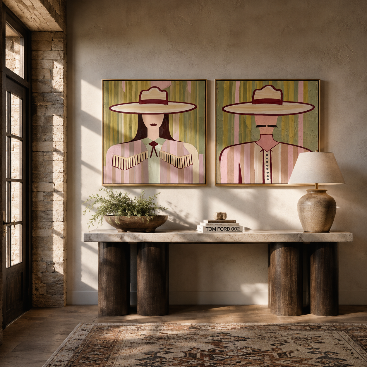 Pastel Brims Face Forward paired wall art styled above modern furniture