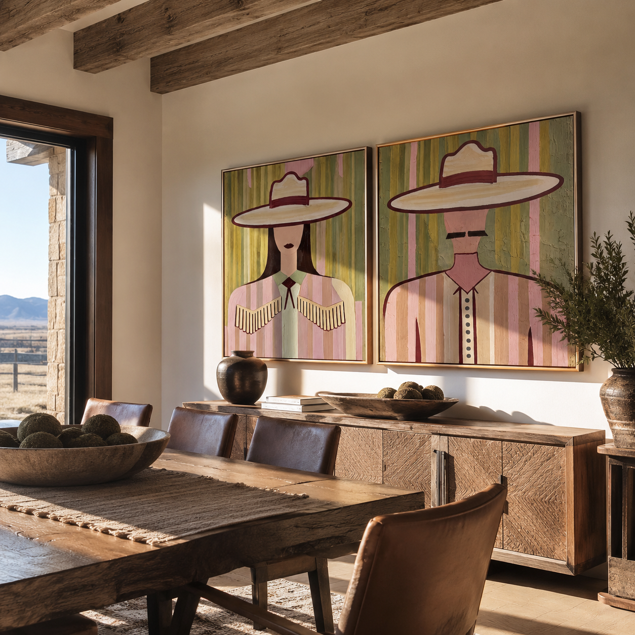 Pastel Brims Face Forward Vintage Americana diptych in a collected room