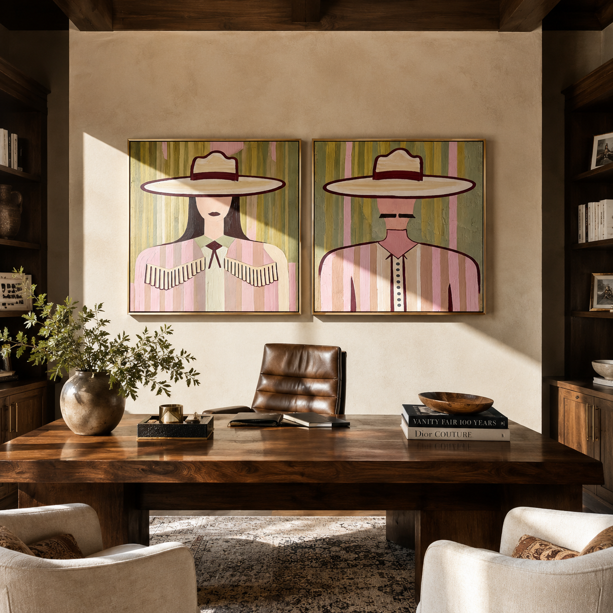 Pastel Brims Face Forward diptych presented with natural materials and decor