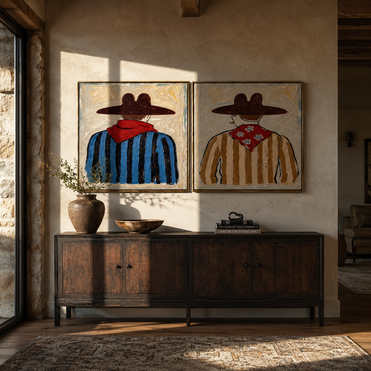 Bandanas Face The Distance paired wall art styled above modern furniture