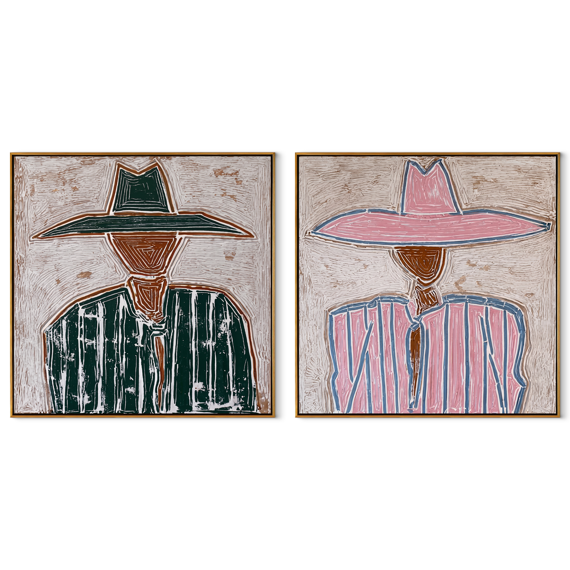 Prairie Geometry Wears Hats set of two square canvas artworks on white