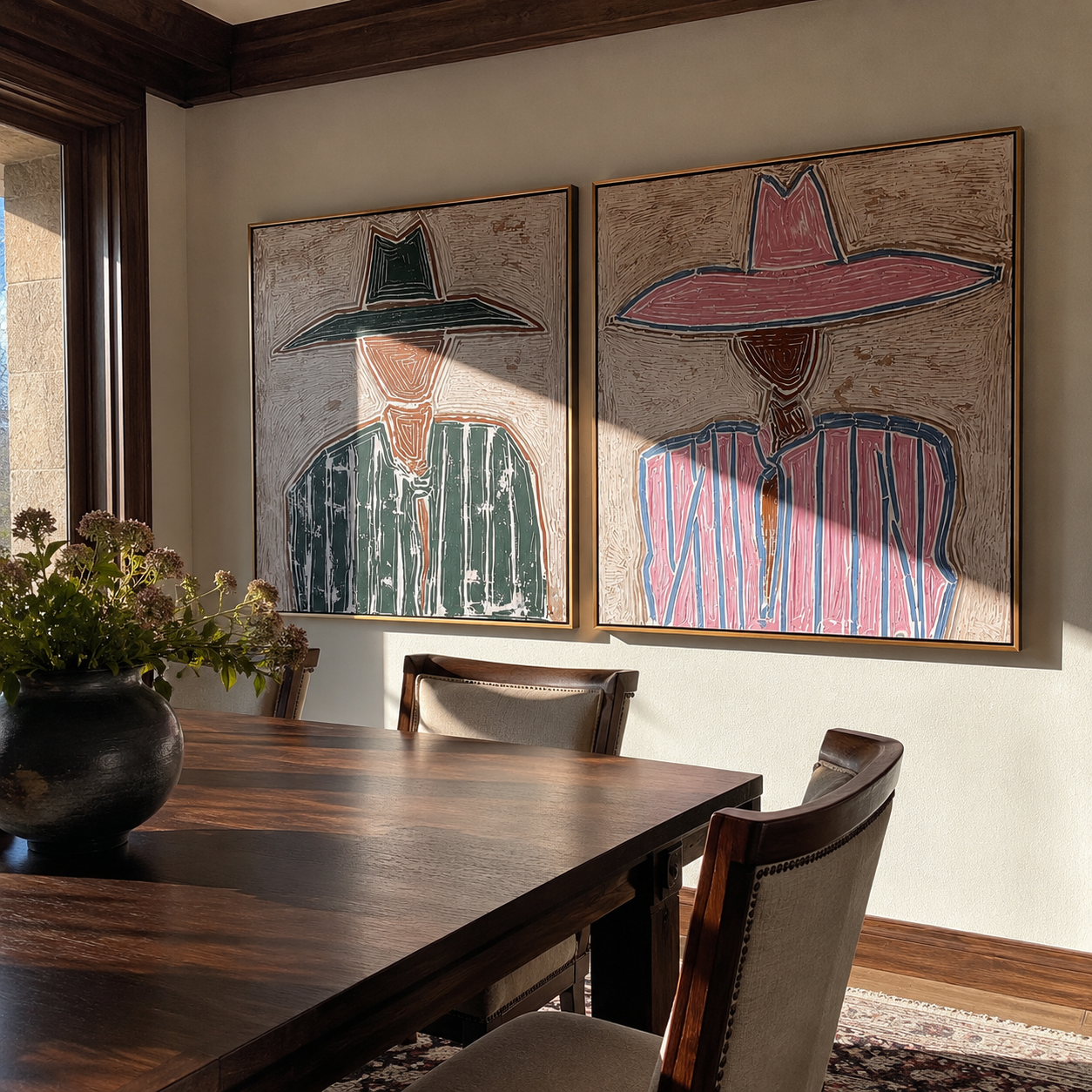 Prairie Geometry Wears Hats paired wall art styled above modern furniture