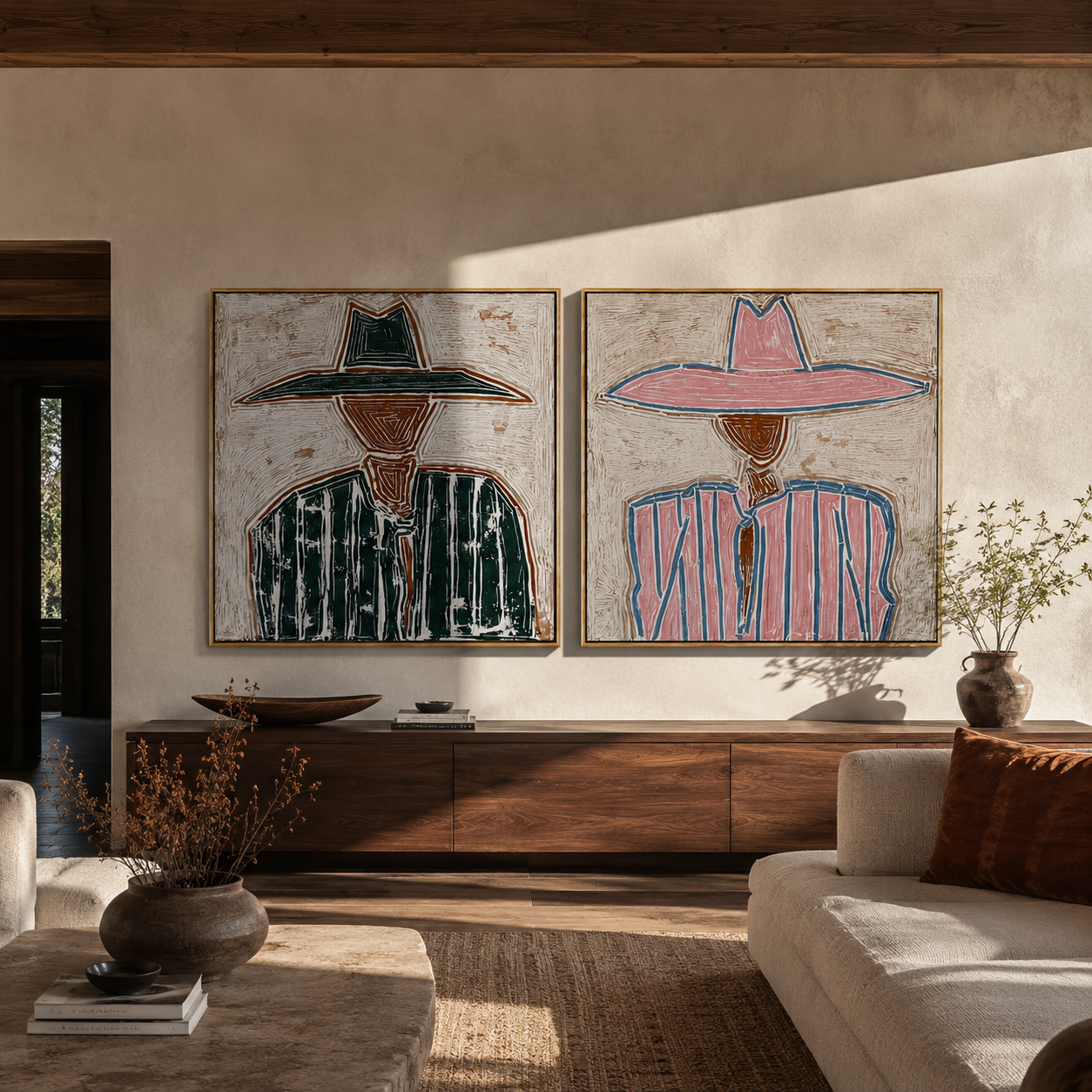 Prairie Geometry Wears Hats Vintage Americana diptych in a collected room