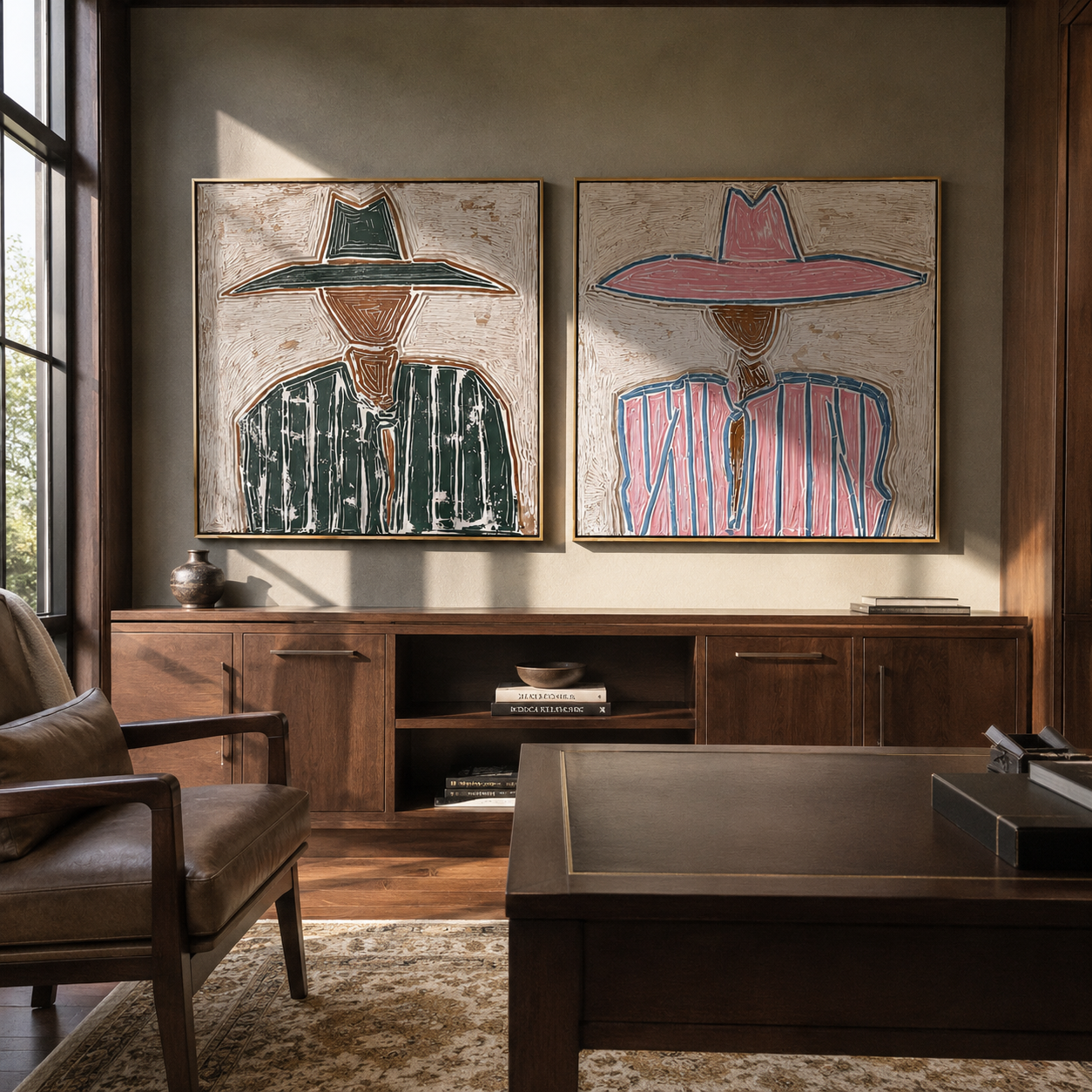 Prairie Geometry Wears Hats two-panel Western artwork with layered color