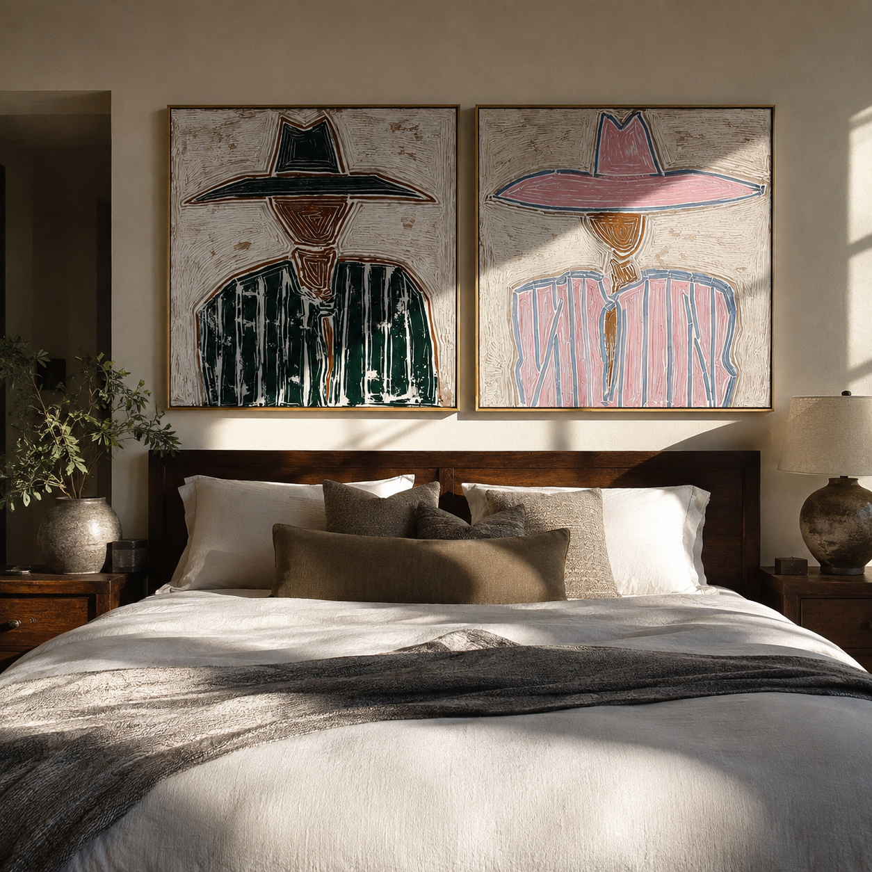 Prairie Geometry Wears Hats diptych presented with natural materials and decor