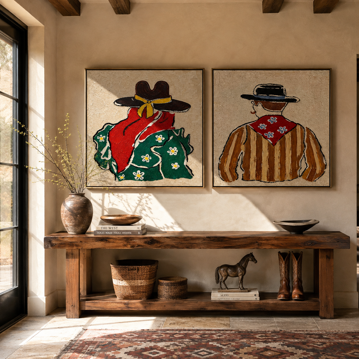 Floral Shirts Turn West Western diptych displayed in a contemporary interior