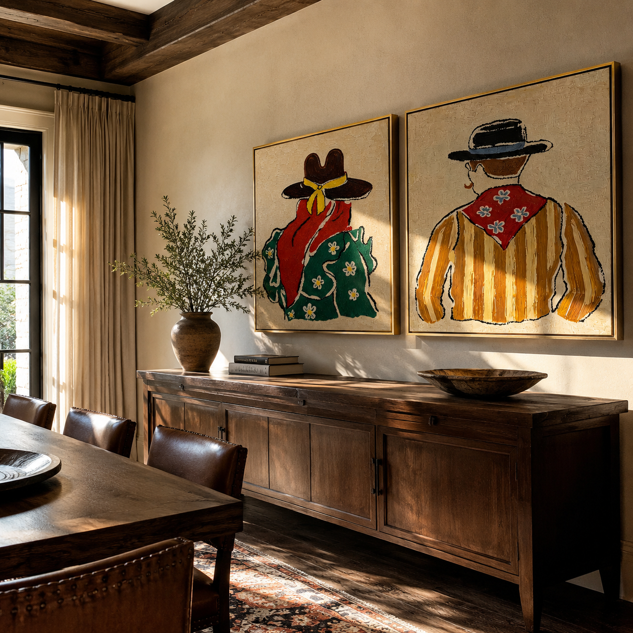 Floral Shirts Turn West paired wall art styled above modern furniture