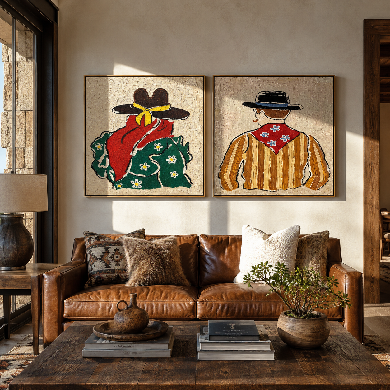 Floral Shirts Turn West Vintage Americana diptych in a collected room