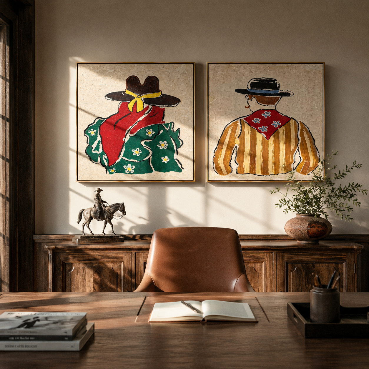 Floral Shirts Turn West two-panel Western artwork with layered color