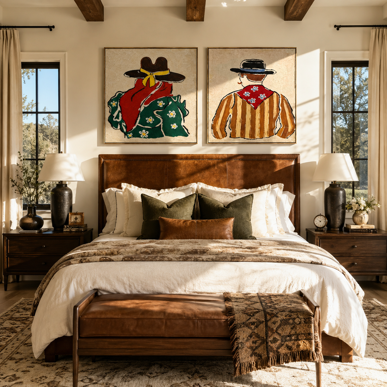 Floral Shirts Turn West diptych presented with natural materials and decor